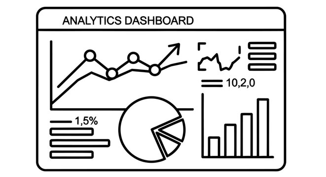 Analytics dashboard icon featuring line graphs pie chart and bar graphs