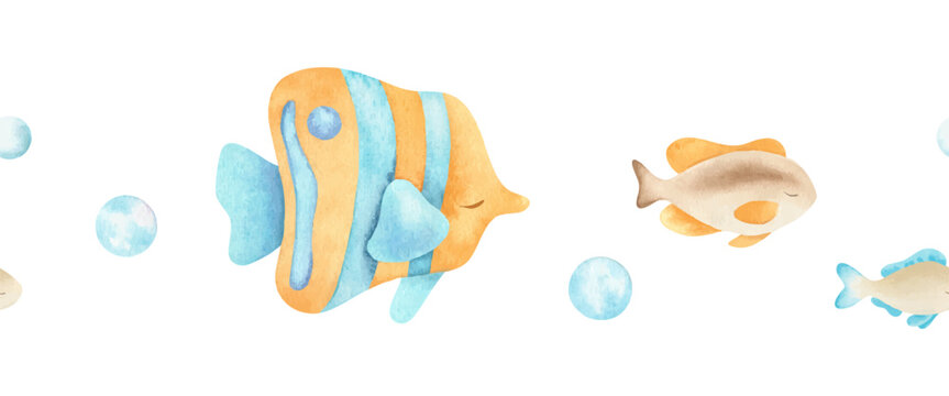 Seamless border of ocean reef fish and bubbles. Hand drawn watercolor kids lane background. Summer marine nursery horizontal banner of cute sea underwater inhabitant for children design, baby goods