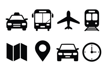 Naklejka premium Transportation icons set featuring taxi, bus, airplane, train, map, location, car, and clock symbols, clean minimal vector illustration collection for travel, transportation, and navigation interface 