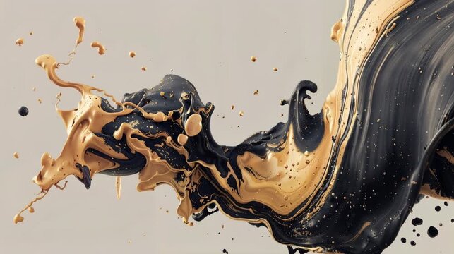 Gold and black liquid paint splash in slow motion, abstract fluid art on gray background, luxury motion background