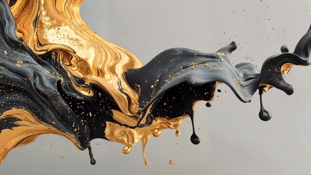 Gold and black liquid paint splash in slow motion, abstract fluid art on gray background, luxury motion background