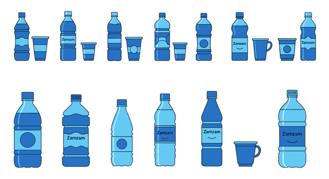 Collection of various blue water bottles and cups on a white background.