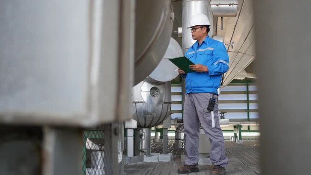 Industrial engineer supervising equipment inspection in a petroleum refinery plant, representing technical expertise, operational efficiency, and advanced engineering systems in large scale production