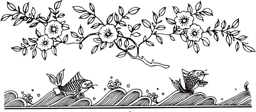 Elaborate traditional Chinese circular emblem with inner geometric pattern and outer scrolling floral vines for luxury oriental branding and cultural identity design assets