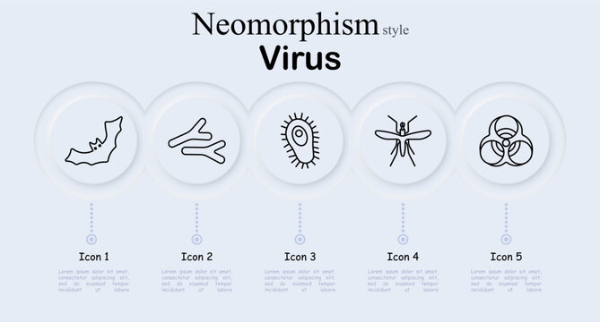 Virus set icon. Neomorphism style interface with bat animal silhouette, branching microbes, bacteria cell shape, mosquito insect, biohazard sign. Soft round buttons