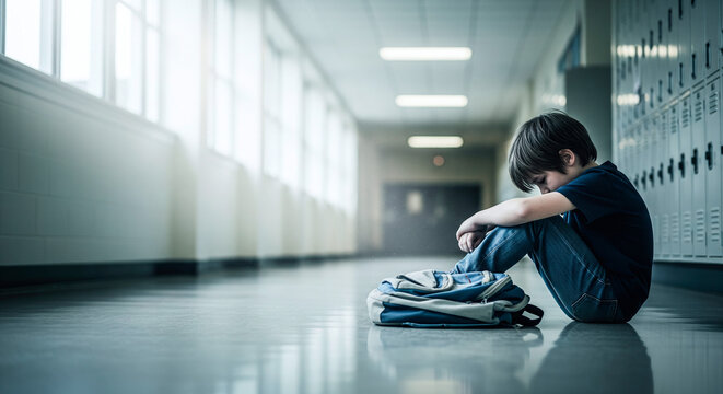 Sad young boy sitting alone in a school hallway with backpack