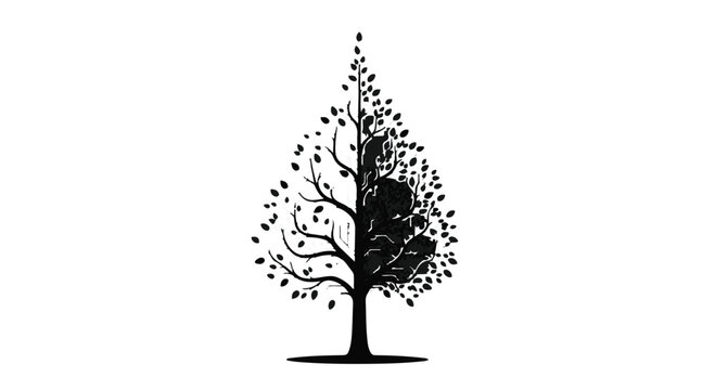 Stylized black silhouette of a tree split down the middle, with one half bare and the other half filled with leaves and what appears to be a human silhouette.