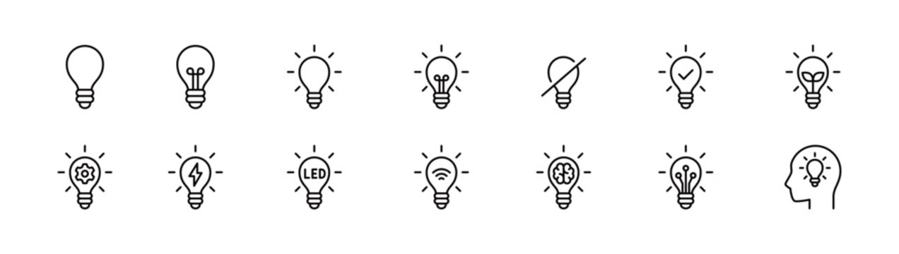 電球・ひらめき・アイデア・エコ・AI・電力操作アイコンセット (ベクター)