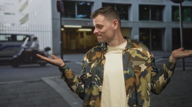 Man wearing camouflage jacket soldier shrugs with palms up on a street by a building entrance; bemusement doubt.