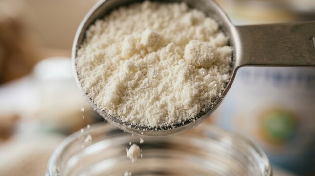 Close-up of creamy powder being measured into a glass jar for baking or cooking.
