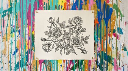 Obraz premium Delicate rose sketch displayed against a vibrant, paint-splattered background.