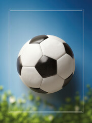 Fototapeta premium Soccer ball black white leather outdoor blue sky sport round equipment floating summer field green grass shadow realistic illustration high