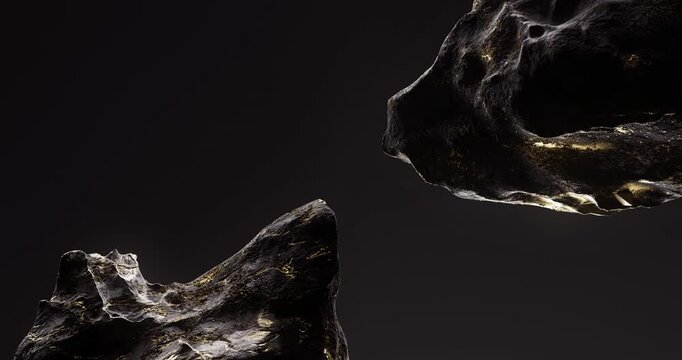  Dark abstract rock fragments with shimmering gold veins floating against a black background in a dramatic composition.