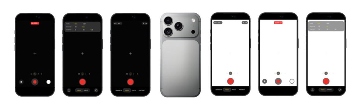 Photorealistic detailed phone video camera mockup template isolated on transparent background. 2026 design. Vector PNG