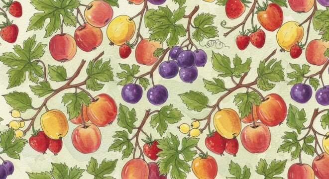 Watercolor Delight A medley of colorful fruits  leaves dancing on light green