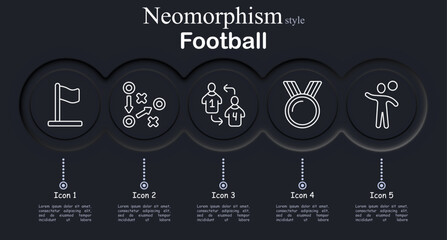 Football set icon. Neomorphic circular interface line icons with corner flag pole, tactic board arrows circles crosses, player substitution numbers, medal ribbon award © Anastasia