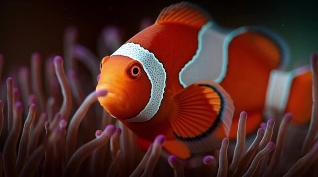 A vibrant orange clownfish swims gracefully through a tropical marine reef aquarium filled with blue water, colorful coral, and a protective anemone