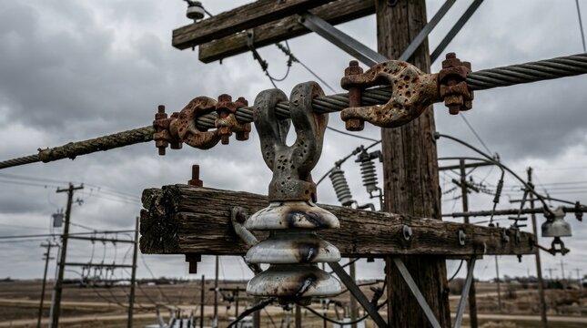 Weathered Porcelain Clevis Insulator with Visible Arcing on Overhead Power Line Pole