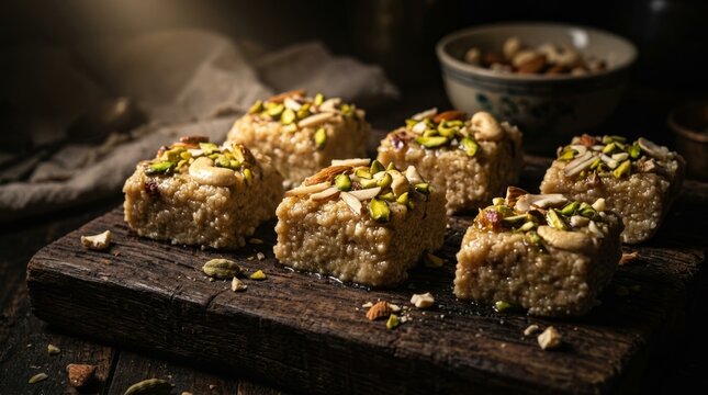 Delicious square shaped sweets topped with chopped nuts, served on a rustic wooden board.