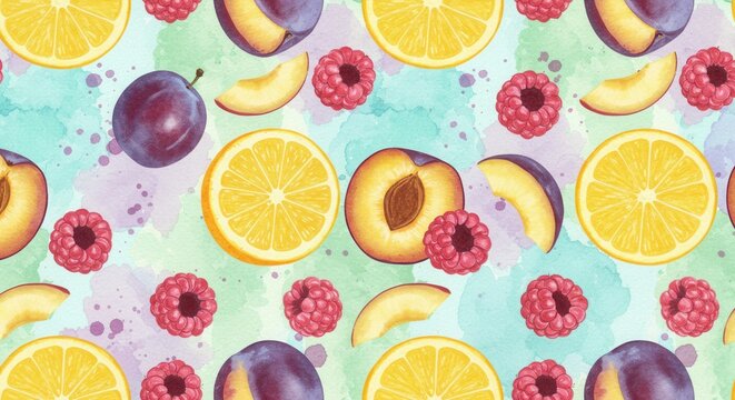 Watercolor fruit medley lemons plums and raspberries on a splashy pastel background