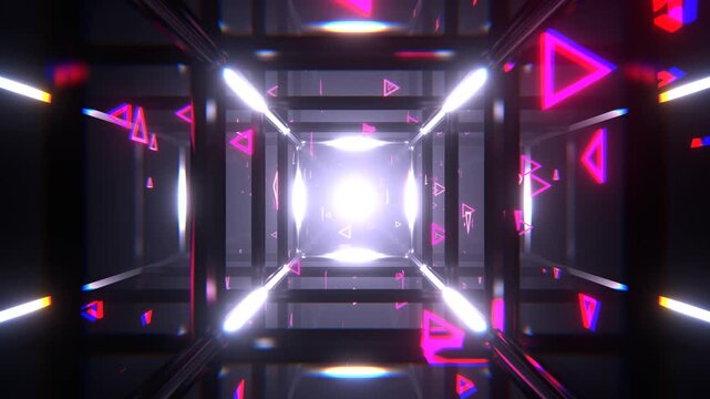 Pink Futuristic Neon Tunnel with Floating Triangles and Light Beams Background VJ Loop in 4K