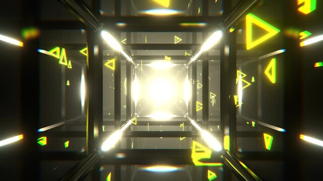 Yellow Futuristic Neon Tunnel with Floating Triangles and Light Beams Background VJ Loop in 4K