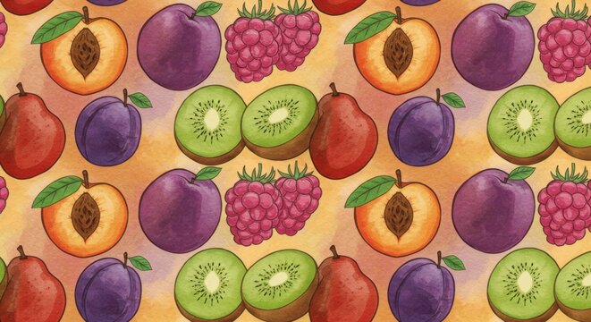 Watercolor fruit medley peaches plums raspberries pears and kiwis on an orange backdrop