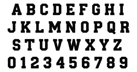 Varsity font vector alphabet, collegiate and athletic lettering set with bold style, sports typography for school emblems, team logos, apparel prints, and retro graphic projects, modern flat vector  © Mizu Ahmed 2