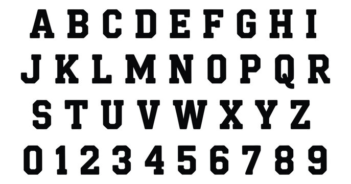 Varsity font vector alphabet, collegiate lettering set with bold athletic style, sports typography design for team logos, apparel prints, school emblems, and retro graphic projects, modern flat vector
