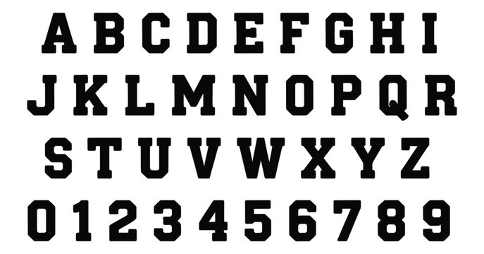 Varsity font vector alphabet, collegiate and athletic lettering set with bold style, sports typography for school emblems, team logos, apparel prints, and retro graphic projects, modern flat vector 