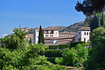 Obraz premium Granada, giardini e roseti in fiore dell'Alhambra, Andalusia, Spagna