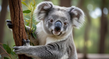 Obraz premium A close-up portrait of a koala clinging to a tree branch, with lush green foliage in the background.