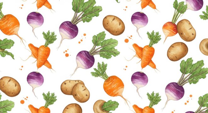 Watercolor garden harvest carrots turnips potatoes and beets on white