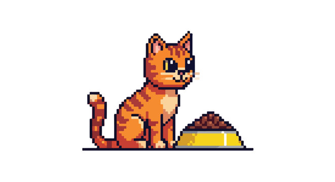 This pixel art illustration features a cute orange tabby cat sitting expectantly beside a yellow bowl filled with brown kibble.
