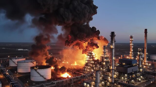 Catastrophic industrial explosion engulfs complex in fire and smoke at twilight