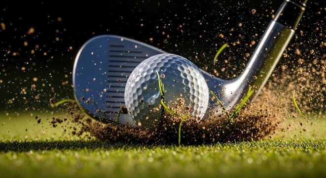 A close-up, dynamic shot captures the moment a golf club strikes a ball, sending dirt and grass flying in a dramatic explosion of motion.