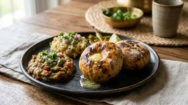 Delicious Indian dish featuring stuffed flatbreads and savory vegetable mash, artfully plated for a delightful meal.
