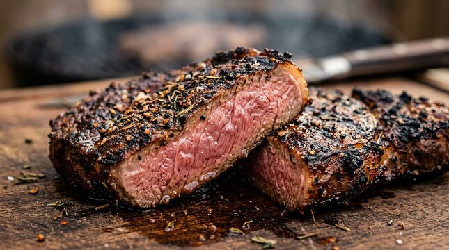 Juicy grilled steak seasoned with herbs rests on a rustic wooden board, ready to enjoy.