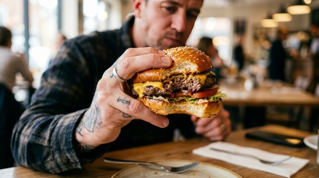Man holding a delicious double cheeseburger, about to take a bite in a restaurant.