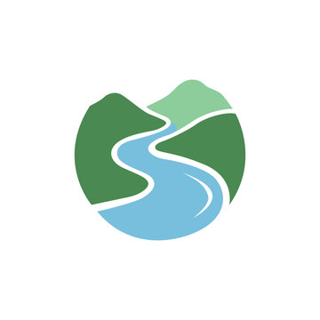 River Flowing Through Green Mountains Landscape Icon