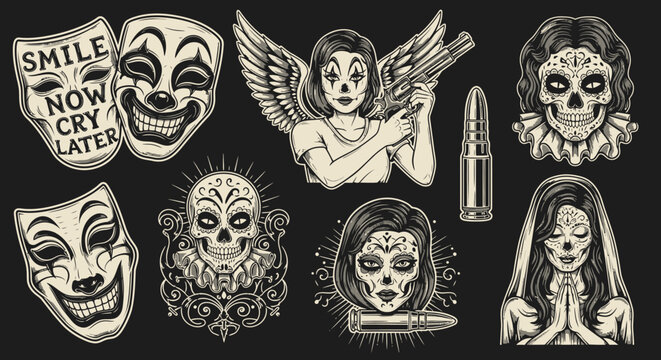 Vintage Chicano Art Tattoo Flash Set with Clown Masks, Sugar Skulls, and Mexican Street Art Illustrations