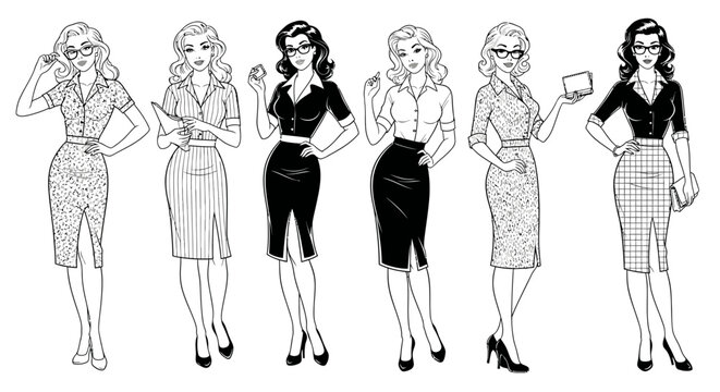 Set of Retro 1950s Office Women Illustrations - Vintage Professional Fashion Line Art for Coloring Books and Graphic Design