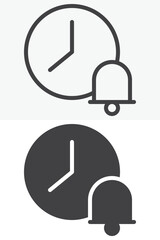 Clock Bell Notification icon in line, outline and solid style. Editable stroke vector sign and symbol set for time use, with clock bell notification icon in simple versions.