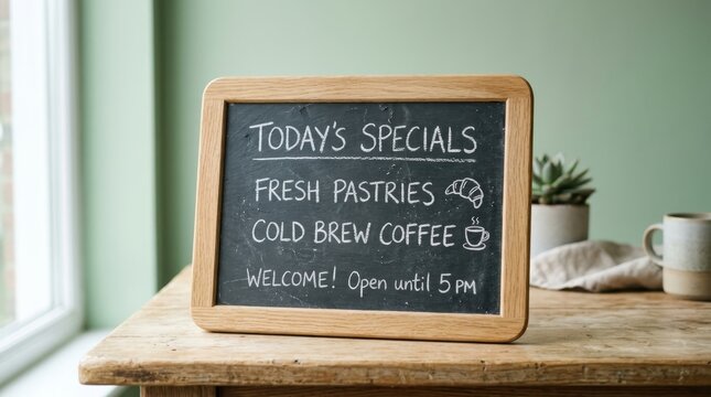 Chalkboard menu displaying today's specials of fresh pastries and cold brew coffee with a welcome message
