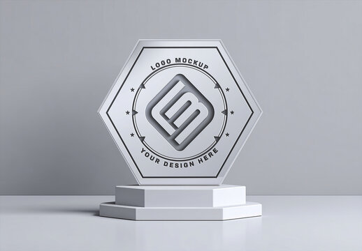 Logo Engraved in Hexagonal Metal Trophy Mockup