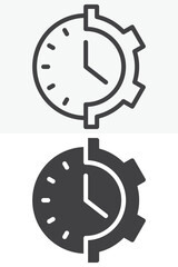 Gear clock icon in line, outline and solid style. Editable stroke vector sign and symbol set. Gear clock icon combines settings, mechanism and time control.