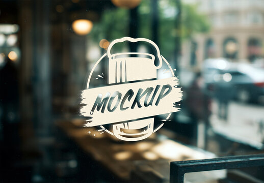 Logo Sticker Close-up on a Window Glass Mockup