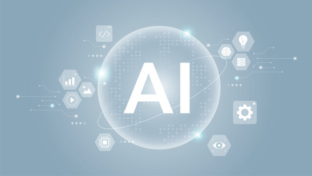 Artificial intelligence abstract background. AI text on shiny circle. Futuristic concept technology. Machine learning technology illustration