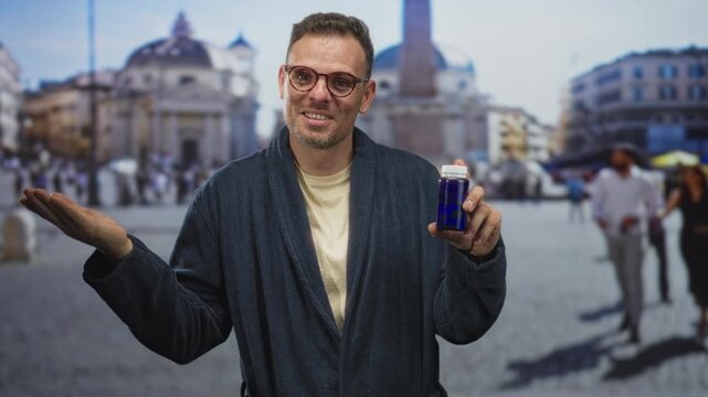Man wearing a robe and glasses, holding a pill bottle and pointing to it in a building plaza; cheerful promotion health.