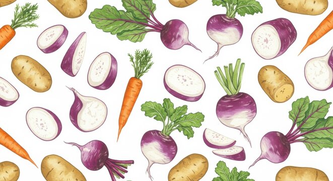 Watercolor root veggies turnip carrot potato  beetroot delight